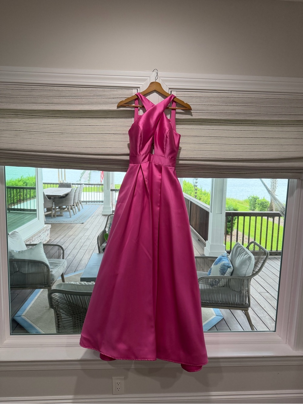 JVN Hot Pink Satin Cross-Back Formal Dress